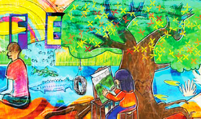 This graphic shows the design of the new downtown Pelican Rapids mural, which adapts ideas from Pelican elementary students and artist Paul Johnson.